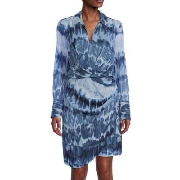 CALVIN KLEIN Blue Watercolor Mini Fit & Flare Shirt Dress - Picture 1 of 6